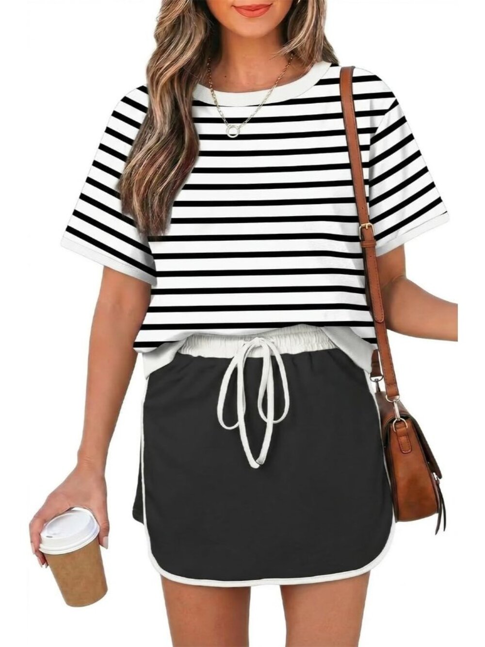〽️Women's Shorts Set Black Striped Short Sleeve Top Casual Skort Matching Outfit